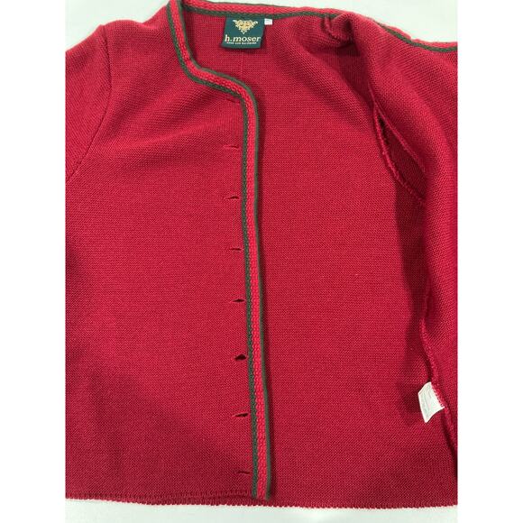 H. Moser Button Cardigan Red Green Embroidery Trim Wool 14 - Picture 9 of 9